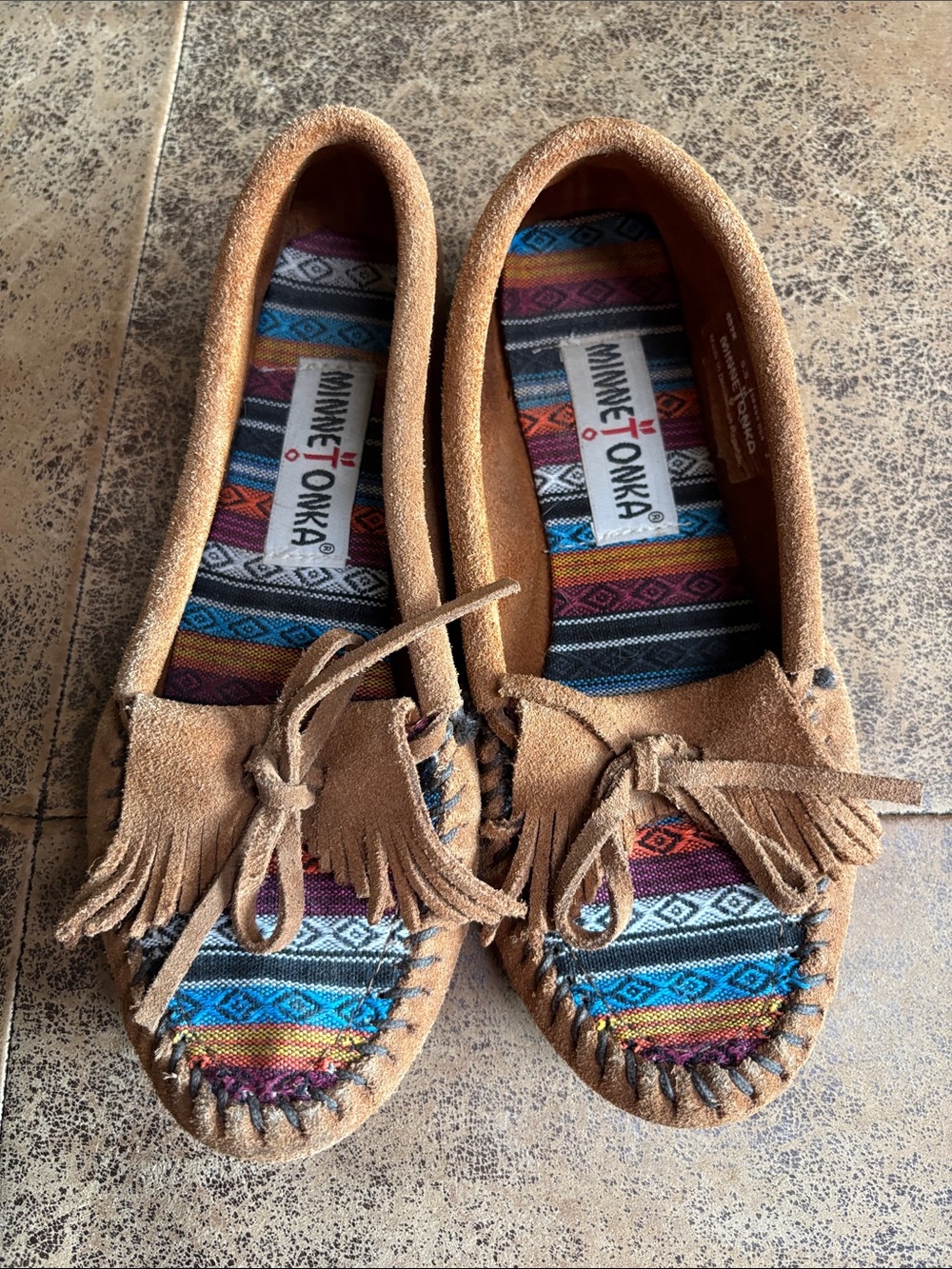Minnetonka Tan Suede Fringe Moccasins with Multicolor Aztec Insole